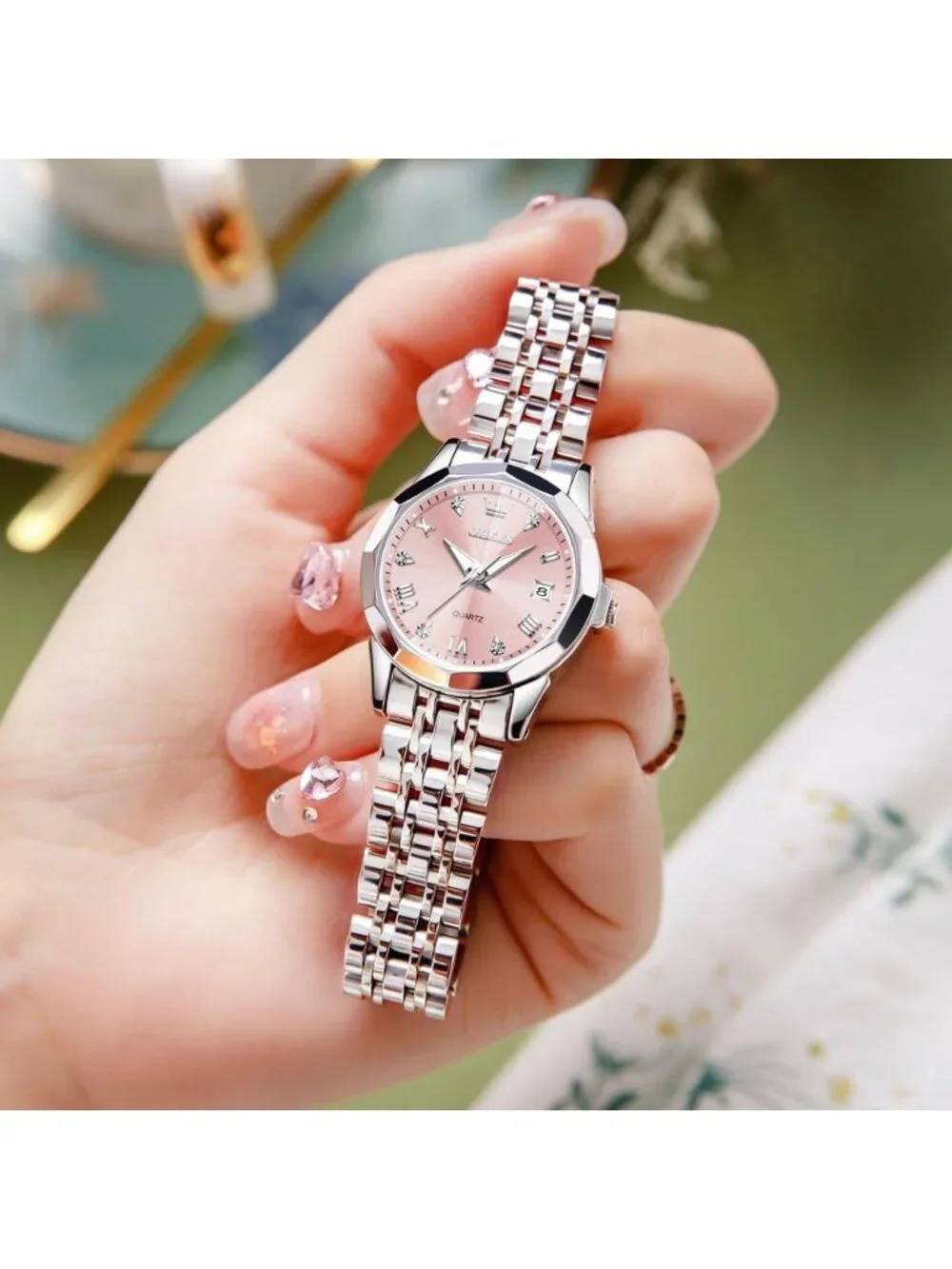 Women's Silver Pink Diamond Analog Stainless Steel Waterproof Date Wrist Watch